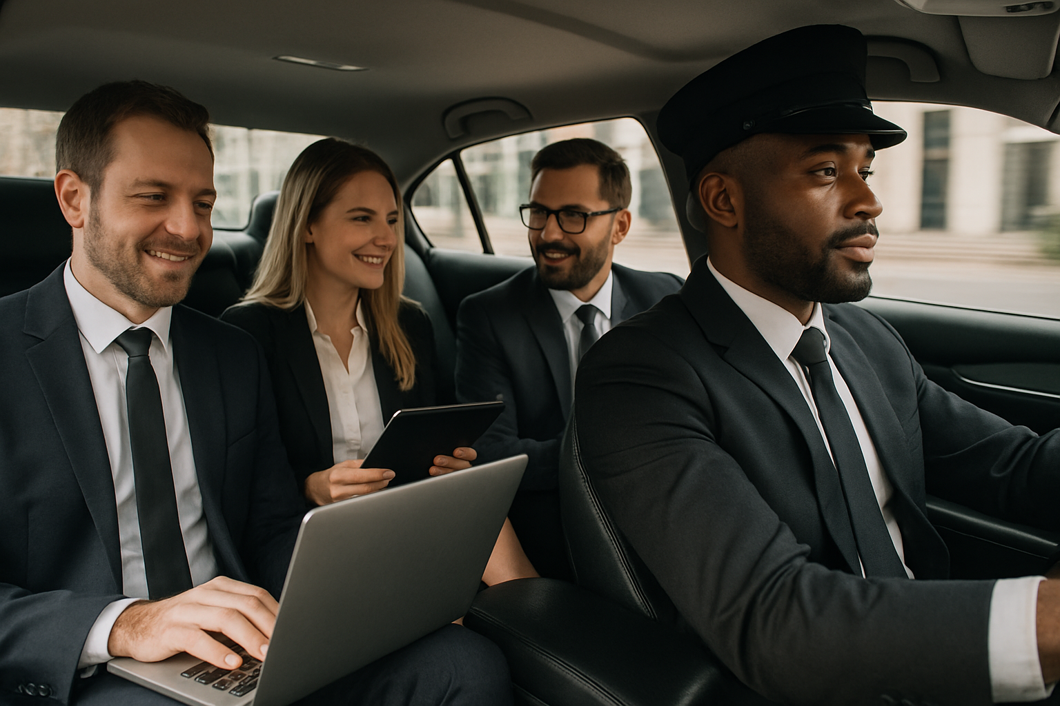 Business professionals using chauffeured transport