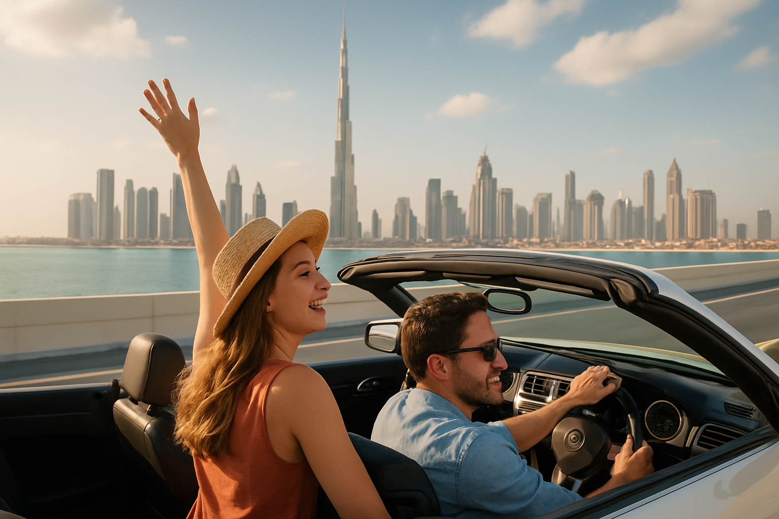 Tourists enjoying scenic views from a car in Dubai